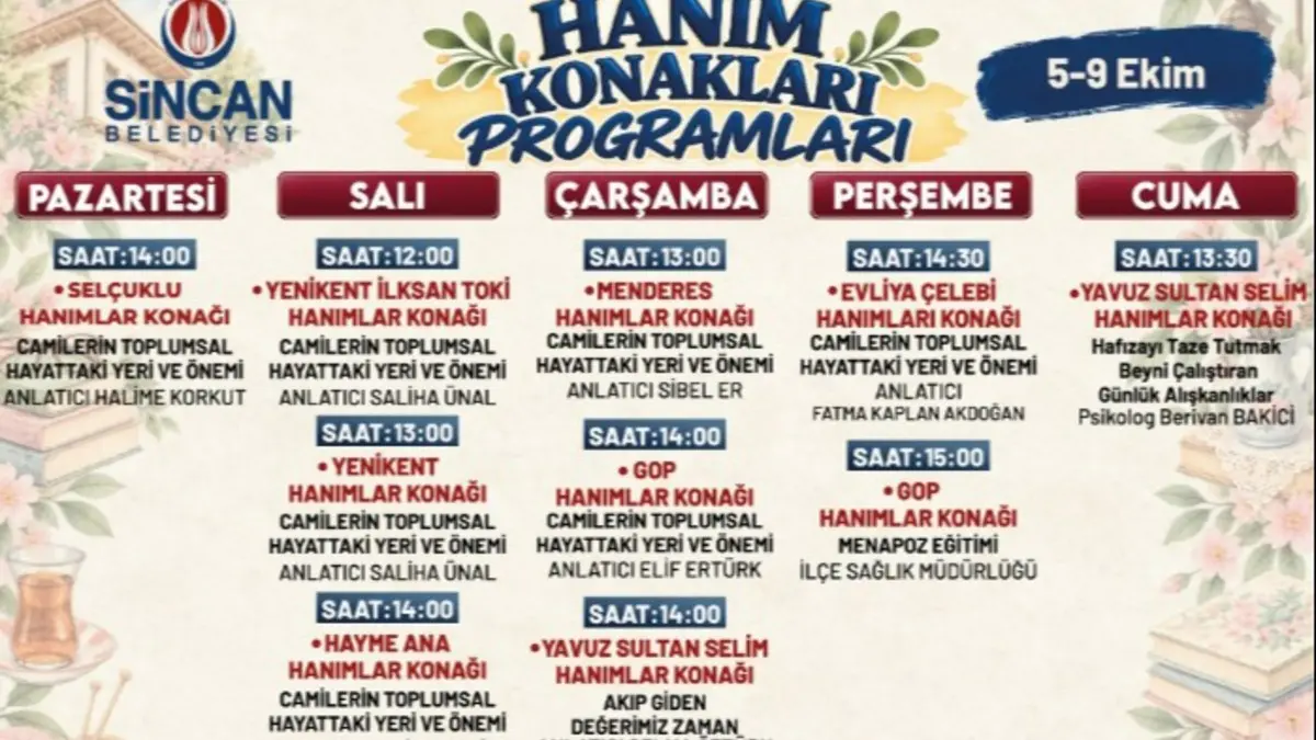 Sincan'da Hanım Konaklarında Hangi Kurs ve Söyleşiler Var? 5-9 Ekim Haftası Programı